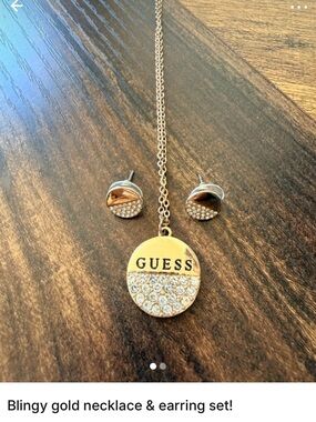 GUESS Gold Crystal Disc Pendant Necklace with Matching Studs